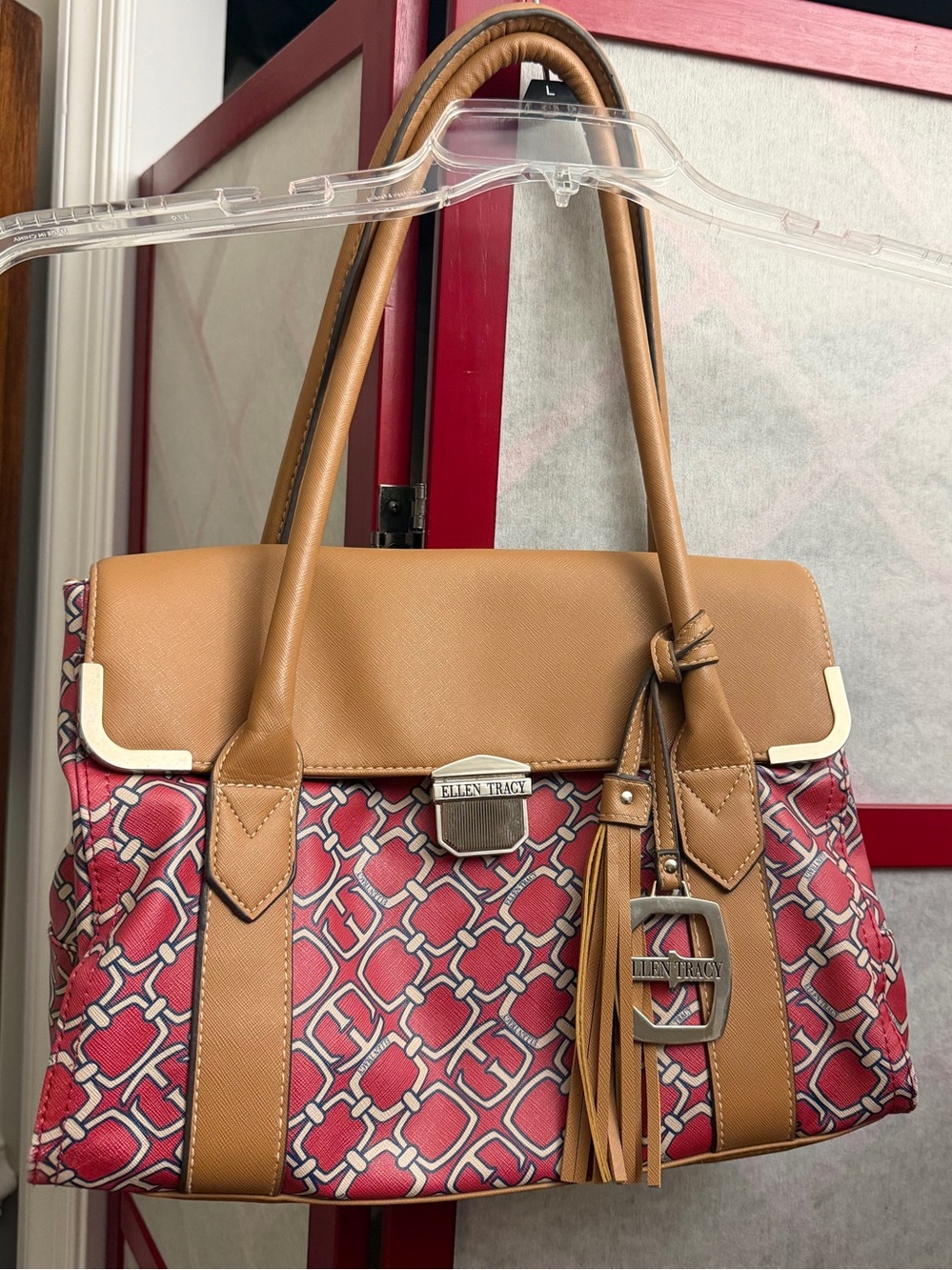 Ellen Tracy red Patterned Shoulder Bag with Tan Trim
